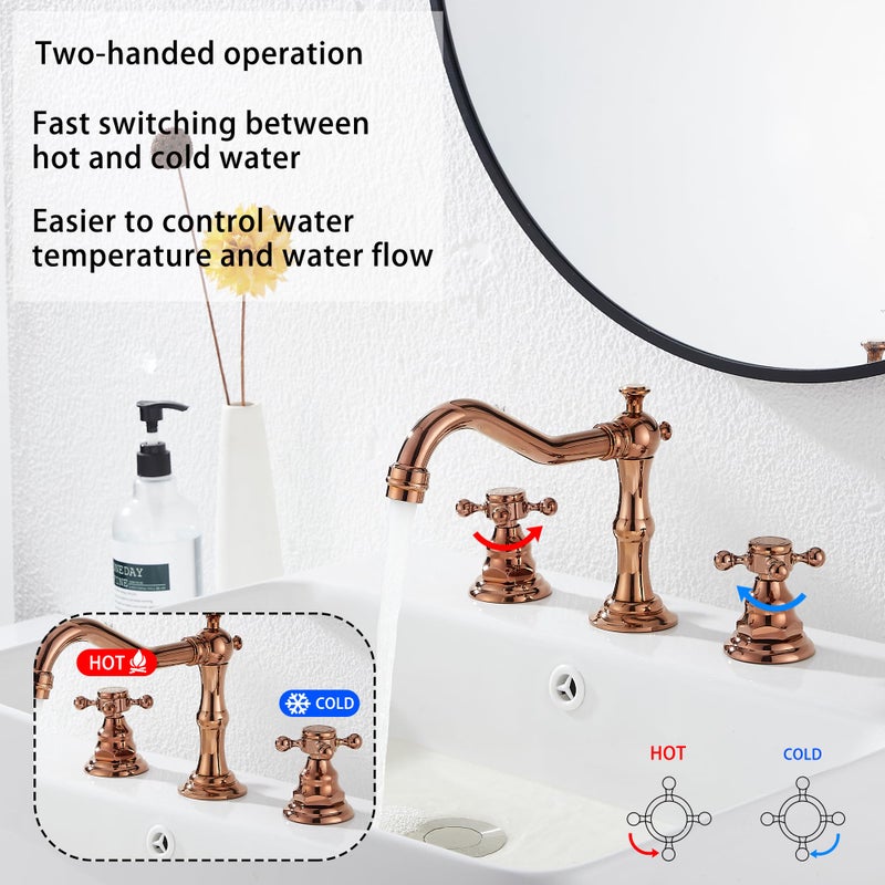 GGStudy 8-16 inch Two Handles 3 Holes Widespread Bathroom Sink Faucet Copper Basin Mixer Tap Faucet Matching Metal Pop Up Drain with Overflow - Image 3